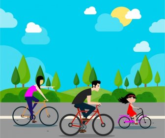 Family Happy Vector Illustration With Bicycle Riding Activity