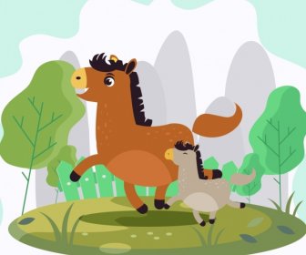 Familie Pferd Hintergrund Niedliche Cartoon-Design