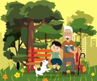 Family Painting Grandfather Grandson Park Icons Cartoon Design
