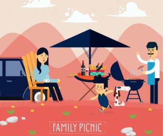 Piknik Keluarga Menggambar Orang Tua Anak Barbekyu Luar Ruangan Ikon