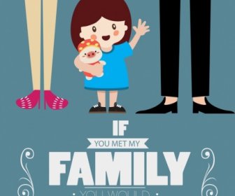 Desain Keluarga Poster Gadis Lucu Ikon Kartun
