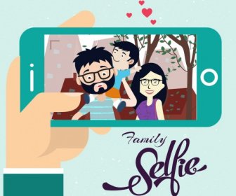 Keluarga Selfie Menggambar Desain Lucu Kartun Kamera Layar