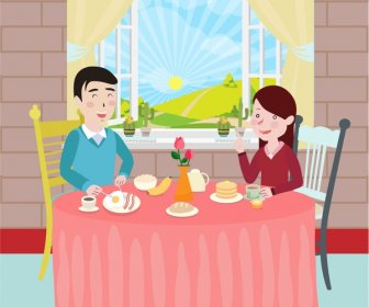 familys breakfast drawing illustration with couples and meal