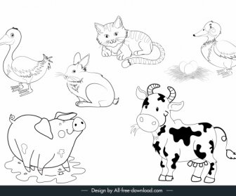 Farm Animals Icons Black White Handdrawn Sketch