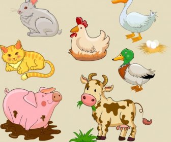Farm Animals Icons Cute Cartoon Design