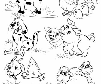 Farm Animals Icons Cute Cartoon Sketch Handdrawn Design