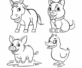 Animali Da Fattoria Icone Carino Schizzo Cartone Animato Disegnato A Mano