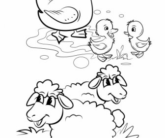 Bauernhof Tiere Ikonen Enten Schafe Skizze Handgezeichnete Cartoon