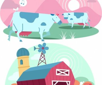 Farm Design Elements Cow Cattle Warehouse Icons
