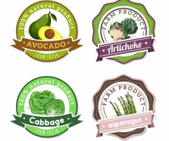 Farm Lebensmittel Etiketten Artischocke Avocado Kohl Spargel Skizze