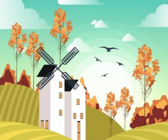 Bauernhof Landschaft Zeichnung Windmühle Feld Symbole Farbige Cartoon