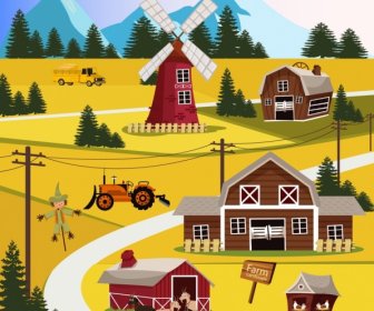 Farm Landscape Painting Colorful Cartoon Sketch