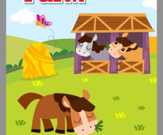 Template Poster Pertanian Kuda Bukit Sketsa Kartun Berwarna-warni