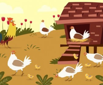 Pertanian Unggas Menggambar Ayam Ayam Ikon Berwarna Kartun