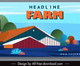 Farm Scene Banner Colorful Classic Sketch