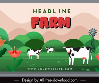 Farm Scene Banner Cows Flowers Sketch Colorful Classic