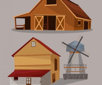 Farm Structures Icons Colored 3d Sketch