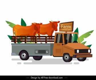 Farm Truck Icon Cow Cattle Sketch Colorful Classic