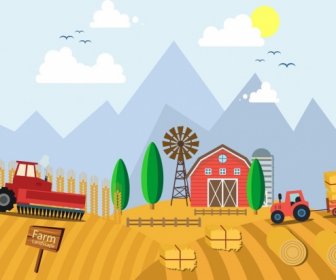 Farm Work Background Truck Field Windmill Icons