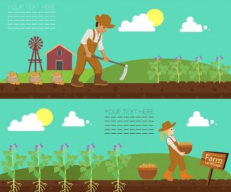 Farm Work Banner Farmer Plant Icons Colored Cartoon