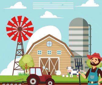 Farm Work Drawing Colored Cartoon Design