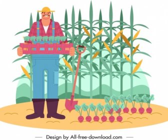 Agricultor De Pintura Trabalho Fazenda Colheita Esboço De ícone Dos Desenhos Animados