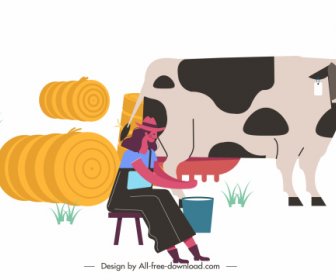 農作業絵画女性牛スケッチ漫画のデザイン