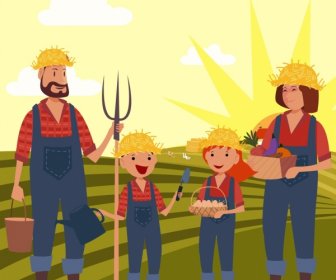 Farmer Family Drawing Human Icons Field Landscape