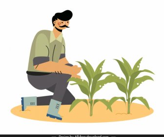 Farmer Icon Man Growing Tree Sketch Cartoon Character