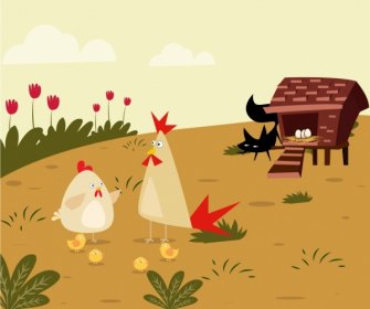 Farming Background Chicken Hen Cat Icons Colored Cartoon