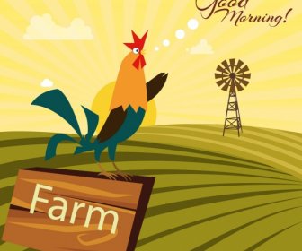 Farming Background Cock Field Icons Texts Decoration