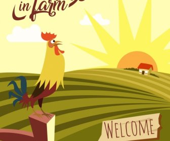 Farming Background Cock Sun Field Icons Decoration