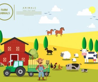 Farming Background Colored Cartoon Design Cattle Icons