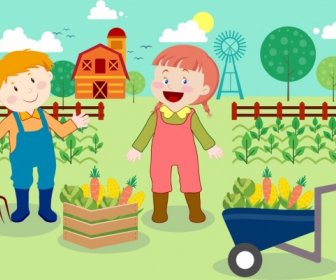 Farming Background Cute Kids Icons Multicolored Cartoon Design