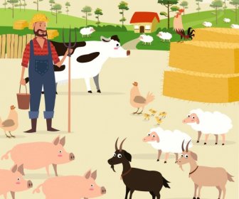 Landwirtschaftlichen Hintergrund Landwirt Rinder Geflügel Symbole Farbige Cartoon