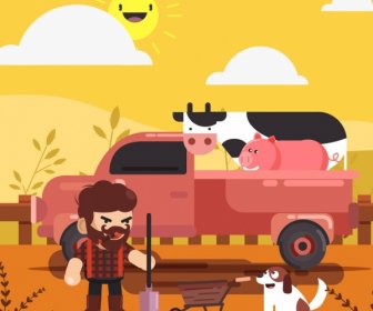 農業背景農家トラック牛アイコン漫画のデザイン