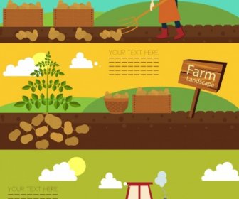 Farming Background Sets Farmer Potato Machine Icons