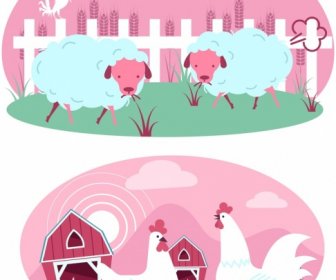 Farming Background Templates Cattle Poultry Icons Pink Decor