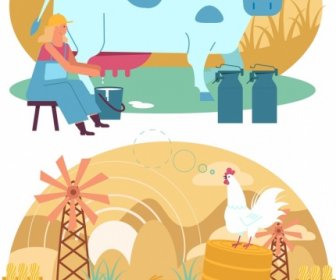 Farming Background Templates Dairy Work Poultry Icons