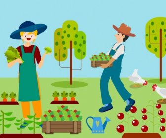 Farming Background Woman Man Vegetable Icons Colored Drawing