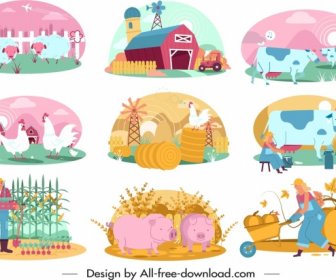 Farming Design Elements Colored Cartoon Design