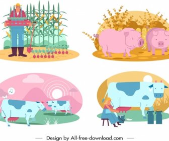 Farming Design Elements Farmer Cattle Icons Cartoon Design
