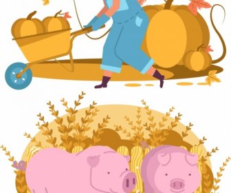 Farming Design Elements Farmer Pumpkin Pigs Icons