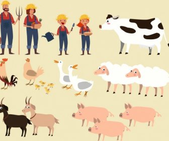 Farming Design Elements Human Cattle Poultry Icons