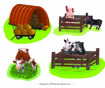 Farming Design Elements Pig Cow Straw Sketch