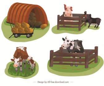 Farming Icons Cow Pig Straw Sketch Cartoon Design