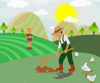 农业工作主题丰富多彩的人类和鸡的图标