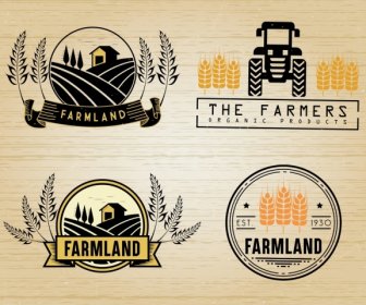 Сельское хозяйство логотипы ретро дизайн ячменя поле машины значки