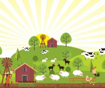 Farming Painting Cattle Farmer Icons Rays Decor
