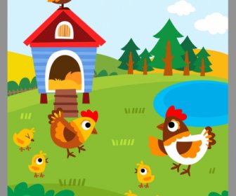 Farming Poster Template Chicken Species Sketch Colorful Cartoon
